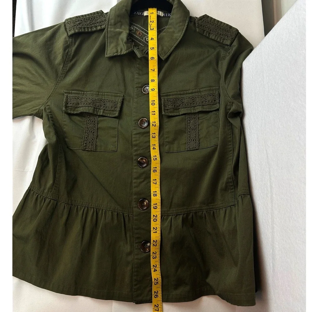 Kate‎ & Sam Olive Green Embroidered Peplum Utility Jacket Women Boho Lace Medium